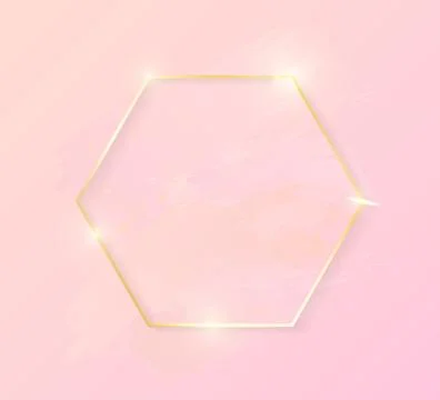 Gold shiny glowing hexagon frame with rose pastel brush strokes isolated on pink Stock Illustration