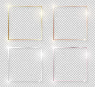 Gold shiny glowing vintage frames with shadows pack isolated on transparent Stock Illustration