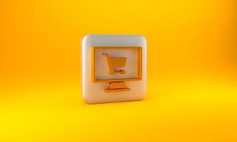 Gold Shopping cart on screen computer icon isolated on yellow background 스톡 일러스트