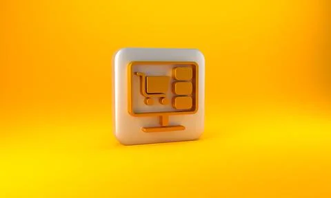 Gold Shopping cart on screen computer icon isolated on yellow background. Con Illustrazione stock