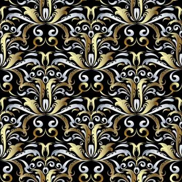 Gold silver 3d damask seamless pattern. Vector floral beautiful background wa Ilustración de archivo