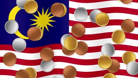 Gold Silver and Bronze Coins Falling Over Waving Malaysia Flag Stock Footage 341066997