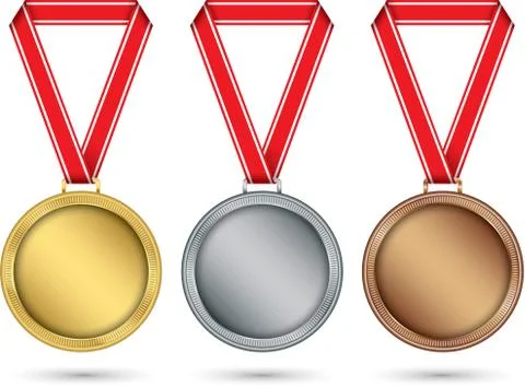 Gold, silver and bronze medals, medal set with red ribbon, vector illustratio Stock Illustration