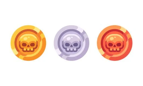 Gold, silver and bronze pirate coins with skulls, Rank medal flat icons Stock Illustration