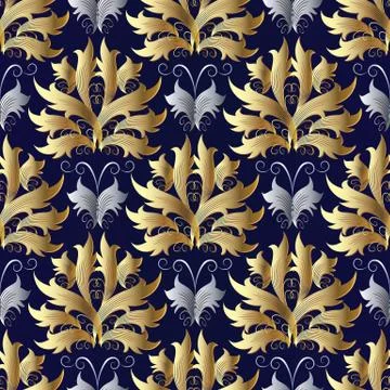 Gold silver Baroque vector seamless pattern. Damask blue backgro Stock Illustration
