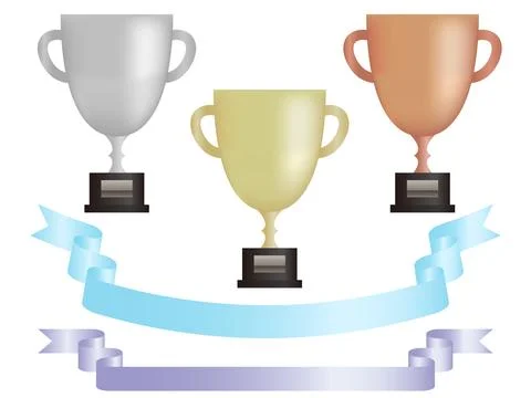 Gold, silver, bronze 1st to 3rd place trophies and ribbon set Stock Illustration