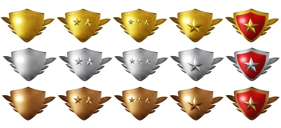 Gold silver bronze shield 3D set, realistic metal trophy, medieval award kit Stock Illustration