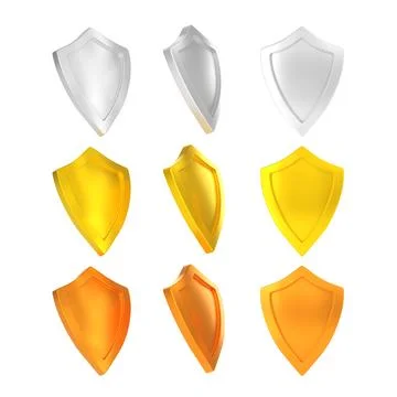 Gold, silver, bronze shields front and side view 3d render set. Blank metal Stock Illustration