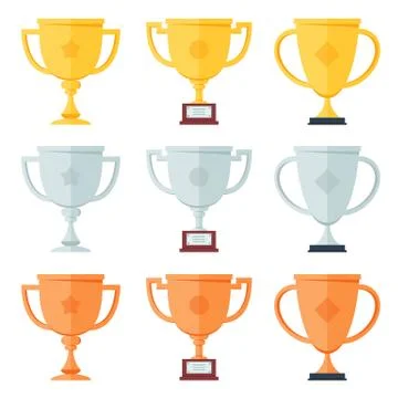 Gold, silver, bronze trophy in flat icons set. Stock Illustration