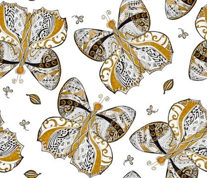Gold, silver butterfly seamless pattern on white background. Abstract ornamental Stock Illustration