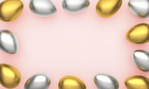 Gold, silver shiny Easter eggs on pink pastel background with space for text. 3d Stock Illustration
