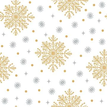 Gold, silver snowflakes seamless vector pattern. Hand-drawn seasonal backdrop 스톡 일러스트