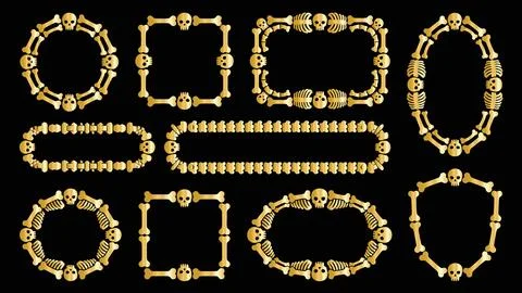 Gold skeleton bones and skulls vintage frames on black background Stock Illustration