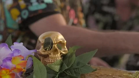 Gold skull bartenders in background Stock Footage 308125552