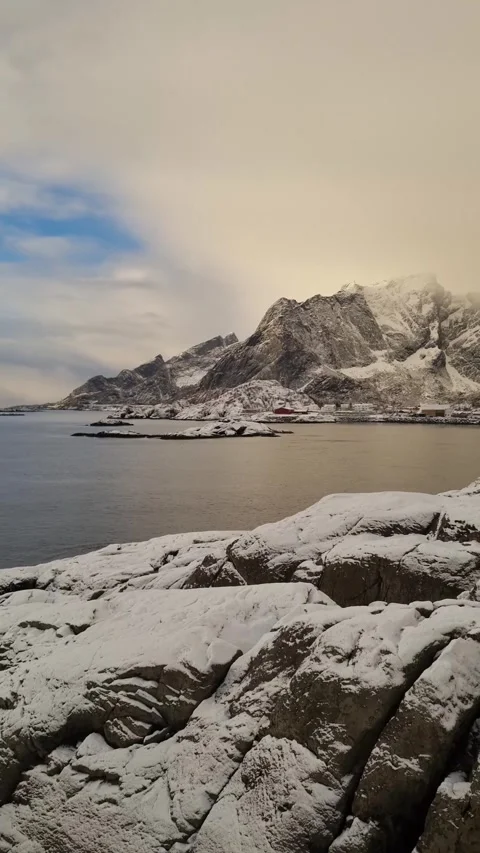 Gold sky reflected on the lake at Lofoten during winter time of Norway,Arctic,Sc Video stock 319848448