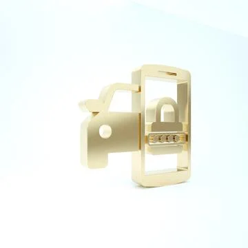 Gold Smart car security system icon isolated on white background. The smartph Illustrazione stock