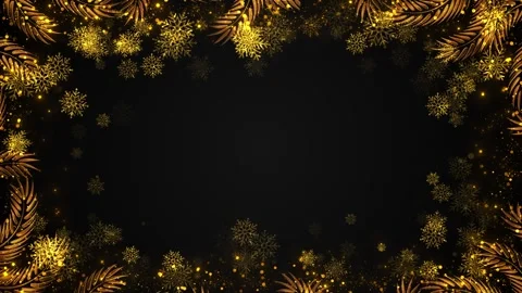 Gold snowflake Christmas frame black background with festive leaves, glowing dot Stock Footage 340415300
