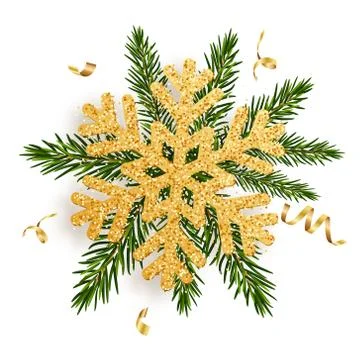 Gold snowflake on pine branches or fir-trees with serpentine. Concept for Stock Illustration