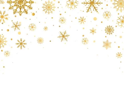 Gold snowflakes falling on white background. Golden snowflakes frame with dif Stock Illustration