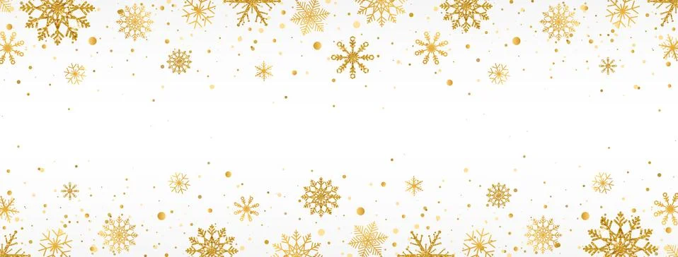 Gold snowflakes frame on white background. Golden snowflakes border with diff Illustrazione stock