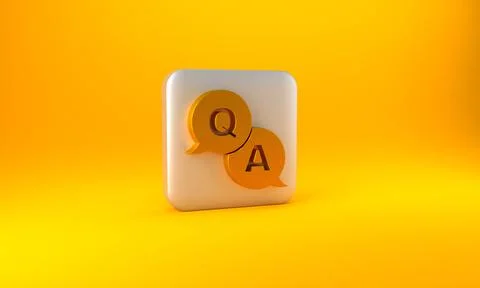 Gold Speech bubbles with Question and Answer icon isolated on yellow backgrou Illustrazione stock