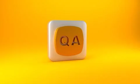 Gold Speech bubbles with Question and Answer icon isolated on yellow backgrou Illustrazione stock
