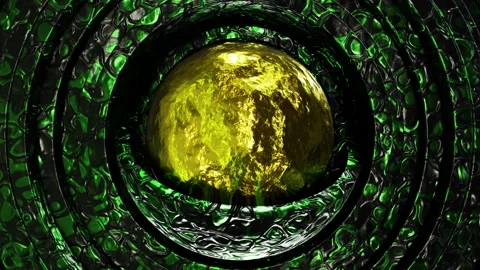 Gold sphere inside of snake skin hemispheres surrounded by reptile skin rings Stock Footage 266115409