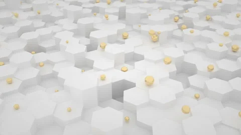 Gold spheres jump on a hexagonal background. Background for various events and Stock Footage 95808246