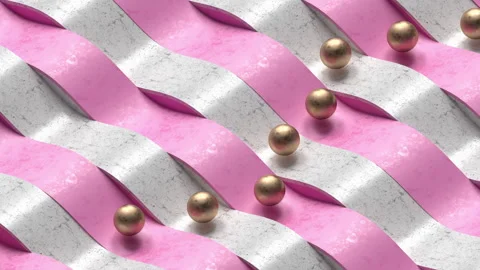 Gold spheres rolling along pink and white marble wavy stripes surface.  Stock-Footage 337725599
