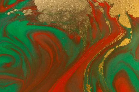 Gold spots on flow red and green paints background. Abstract print Stock Illustration