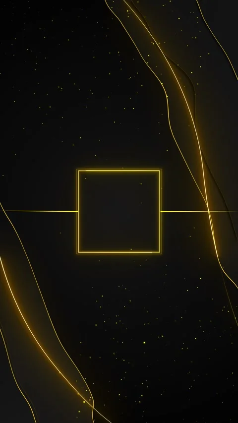 Gold square frame abstract glowing center box, flowing wave lines, and sparkling Stock Footage 340573122