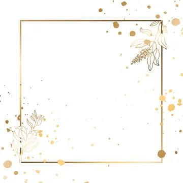 Gold square frame with branches and flowers. White background. Vector illustr Stock Illustration