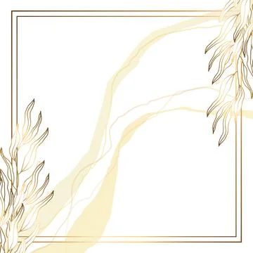 Gold square frame with branches and flowers. White background. Vector illustr Stock Illustration