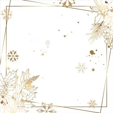 Gold square frame with branches of berries and flowers with snowflakes. White Illustrazione stock