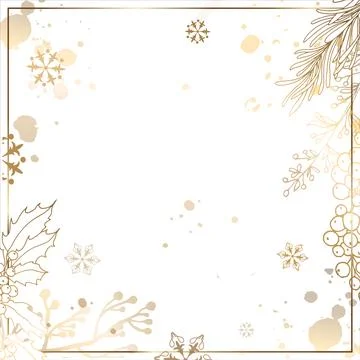 Gold square frame with branches of berries and flowers with snowflakes. White 스톡 일러스트