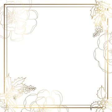 Gold square frame with Christmas branches, berries and flowers. White background Stock Illustration