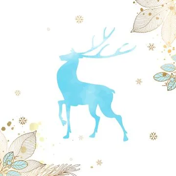 Gold square frame with a deer and branches of berries and flowers with Stock Illustration