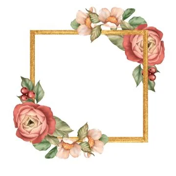 Gold square frame with flowers and leaves Stock Illustration