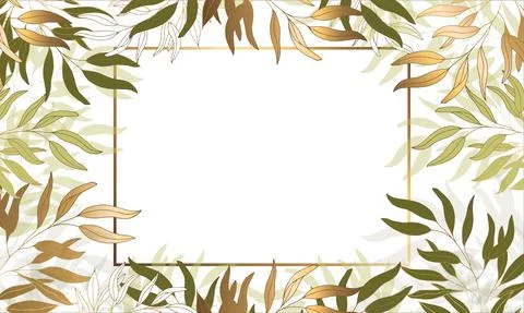 Gold square frame with green branches and foliage. ... Design template and Stock Illustration