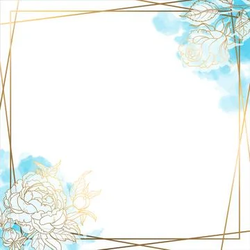 Gold square frame with lacy branches, rose and peony flowers. For social netw Stock Illustration