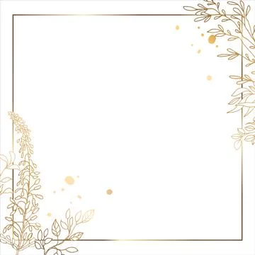 Gold square frame with openwork branches and flowers. For social networks. Wh Stock Illustration