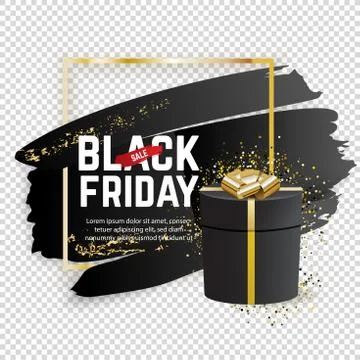 Gold square frame on transparent background. Black blots and black gift with Stock-Illustration