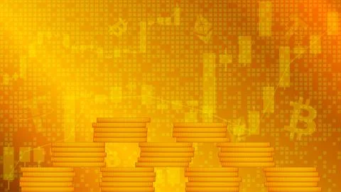 Gold stack of coins on a gold background with stock market charts. 库存插图