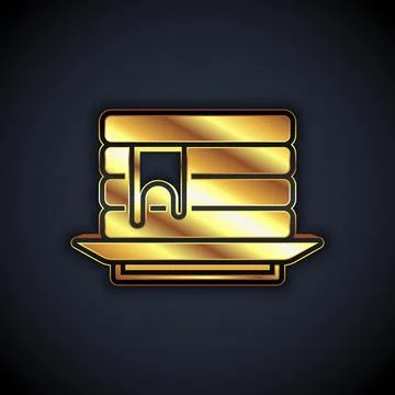 Gold Stack of pancakes with honey icon isolated on black background. Breakfas Illustrazione stock