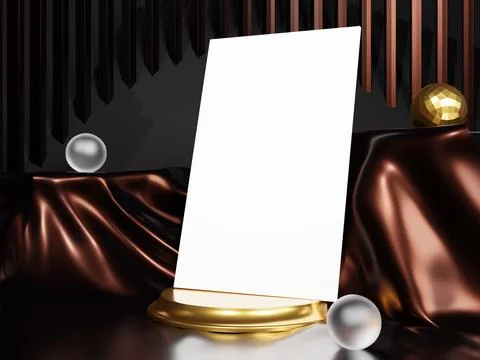 .gold stand poster design template with bronze fabric background for advertis Stock Illustration
