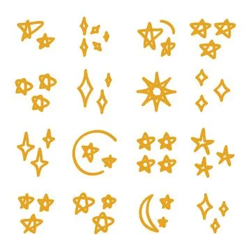 Gold star hand-drawn line art collection cartoon style elements 스톡 일러스트