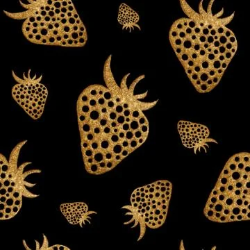 Gold strawberry seamless pattern. Berry hand painted abstract nature backgr.. Stock Illustration
