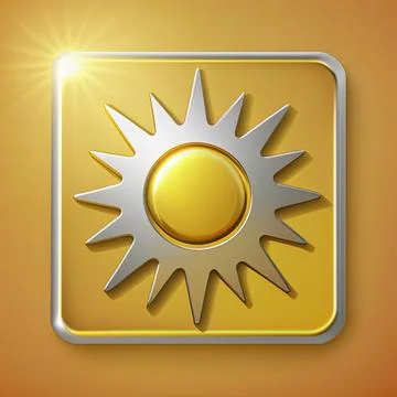 Gold Sun icon isolated on yellow background. Silver square Stock Illustration