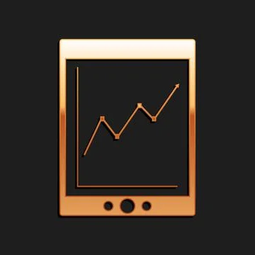 Gold Tablet with statistic graph chart icon isolated on black background 스톡 일러스트