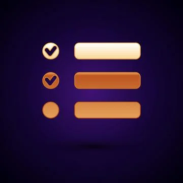 Gold Task list icon isolated on black background. Control list symbol. Survey Stock Illustration